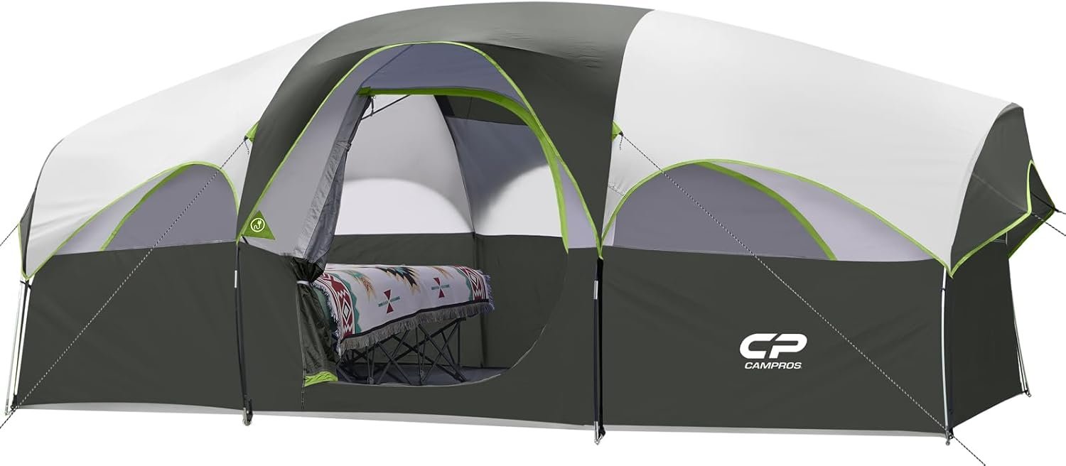 CAMPROS CP Tent 8 Person Camping Tents, Weather Resistant Family Tent, 5 Large Mesh Windows, Double Layer, Divided Curtain for Separated Room, Portable with Carry Bag