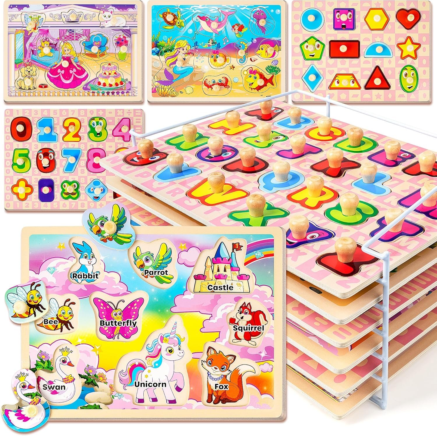 SYNARRY Wooden Puzzles for Toddlers 1-3, 6XSET Toddlers Puzzles Ages 1-3 with Rack, Learning Alphabet Number Shape Unicorn Princess Mermaid Animal, Christmas Toys Gifts for 1 2 3 Years Old Girl Gifts