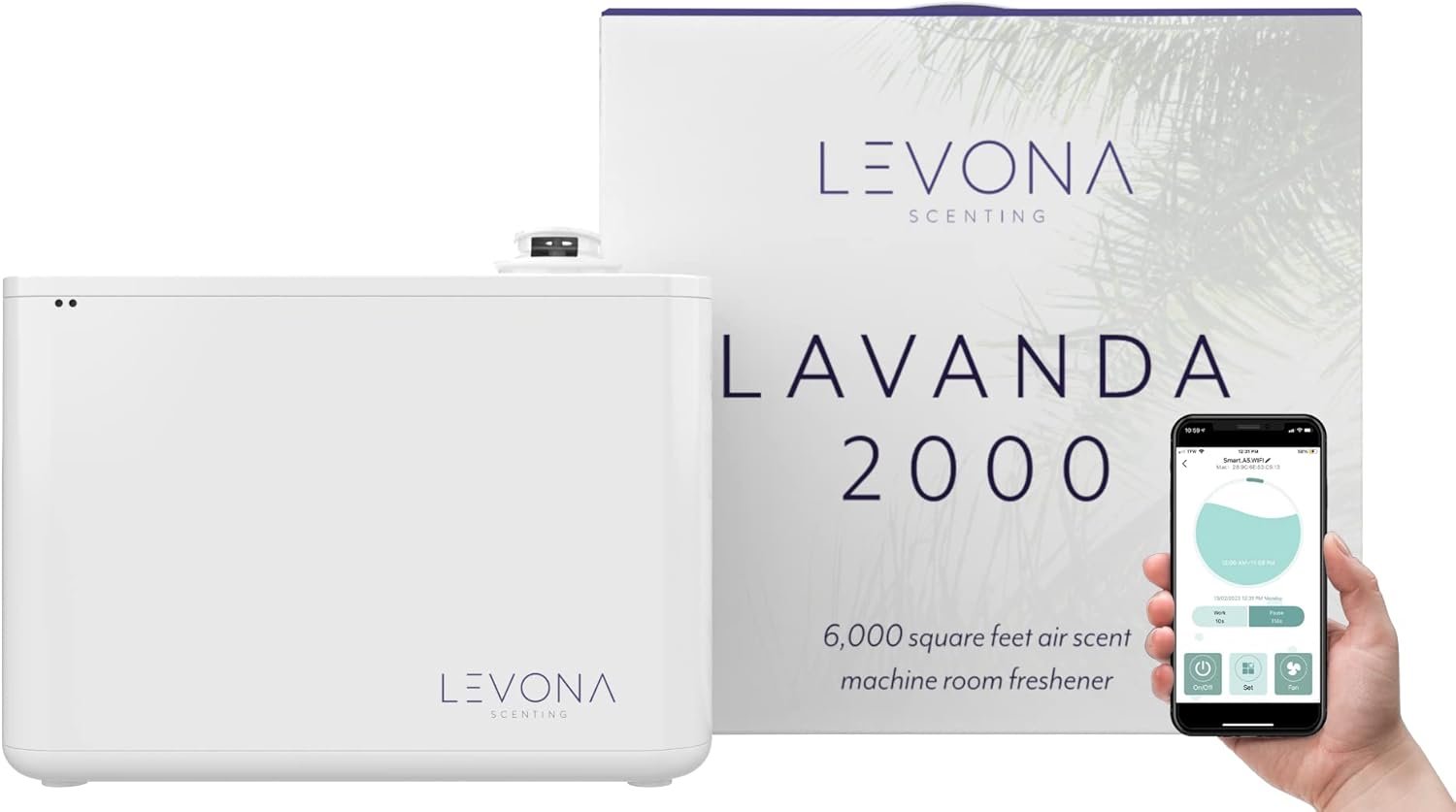 LEVONA SCENT Machine Lavanda: Up to 6000 SQFT HVAC Diffuser- Waterless Scent Air for Office, Hotel & Home Diffuser – Fragrance + Remote Control App Lavanda 2000