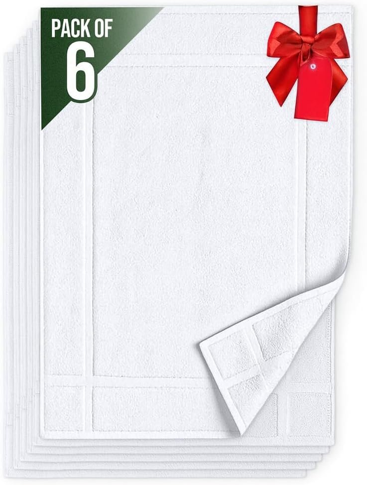 Pearl Linens Pack of 6 100% Cotton Bath Mat 18×25 inches, Soft & Absorbent Quick Dry Bathroom Mat Set, Not Bathroom Rugs, After Shower Mat, Bath Tub Mat, 687 GSM, Machine Washable, White