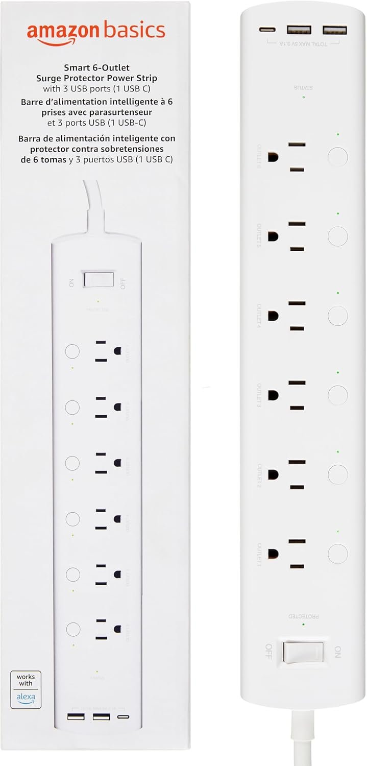 Amazon Basics Smart Plug Power Strip with 6 Individually Controlled Outlets and 3 USB Ports (2 USB-A and 1 USB-C), Works with Alexa Only, 2.4 GHz Wi-Fi, No Hub Required, White