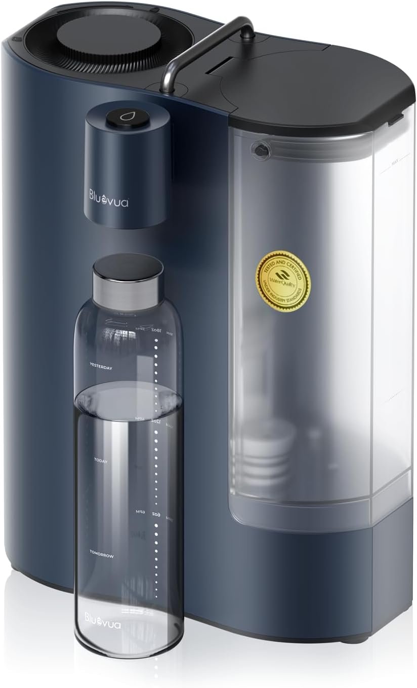 Bluevua RO100ROPOT-Travel Reverse Osmosis System Countertop Water Filter, Compact 6-Stage Filtration with UV, Includes Glass Bottle, Portable Water Purifier for Home & Travel, Blue