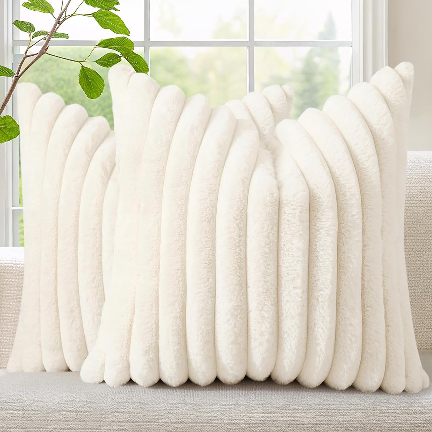decorUhome Faux Fur Christmas Throw Pillow Covers 18×18 Set of 2, Decorative Soft Plush Striped Neutral Couch Euro Pillow Covers with Velvet Back for Sofa, Bed, Living Room Home Decor, Cream White