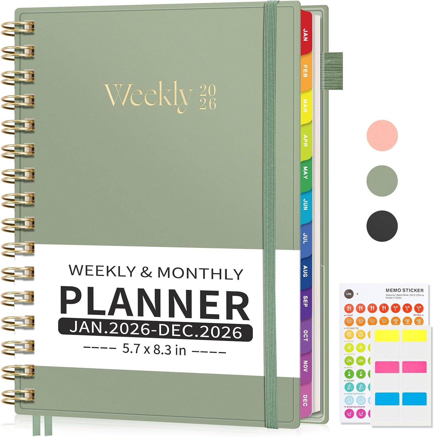 EMSHOI 2026 Planner Weekly and Monthly, Week on One Page with Notes, A5 (5.7″x8.3″), Jan-Dec 2026 Calendar Agenda with Monthly Tabs, Note Pages, 100GSM Thick Paper, Flexible Cover, Light Green