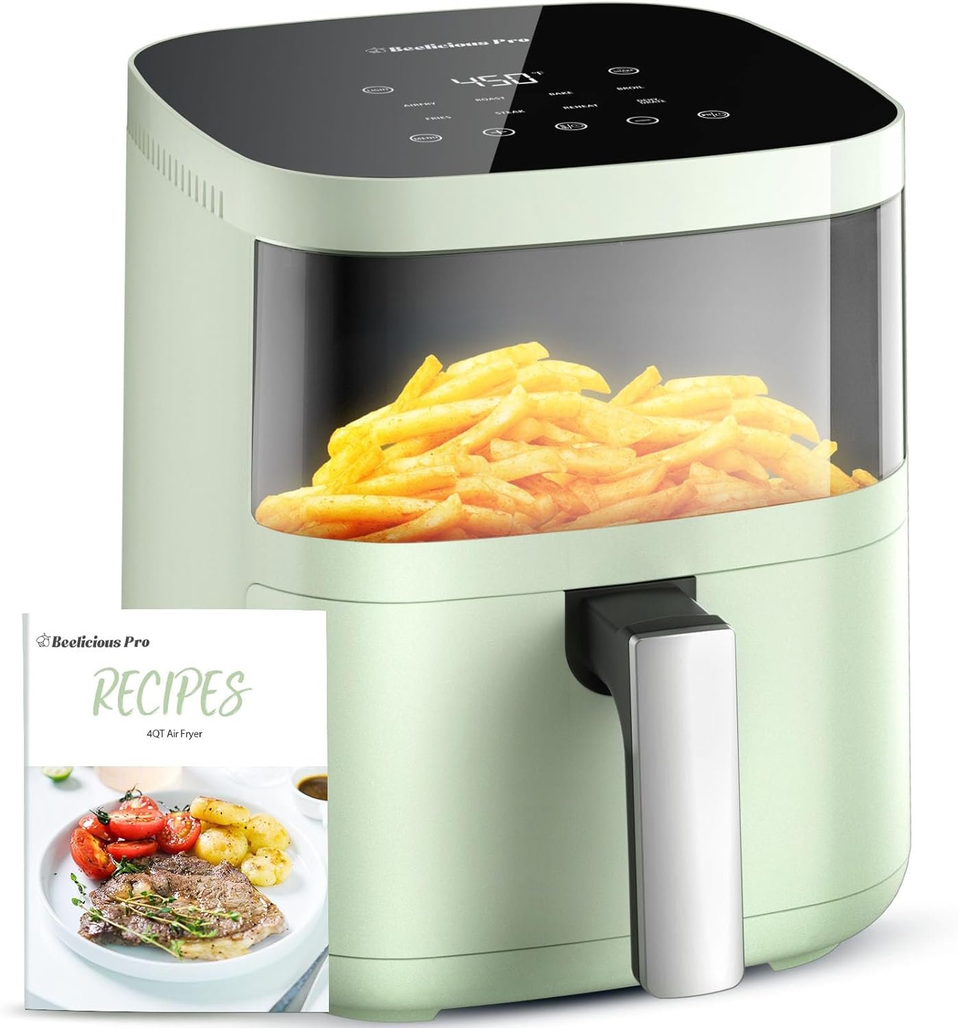 Air Fryer, Beelicious 8-in-1 Smart Compact 4QT Air Fryers with Viewing Window, Shake Reminder, 450°F Digital Airfryer with Flavor-Lock Tech, Dishwasher-Safe & Nonstick, Fit for 1-3 People, Avo Green
