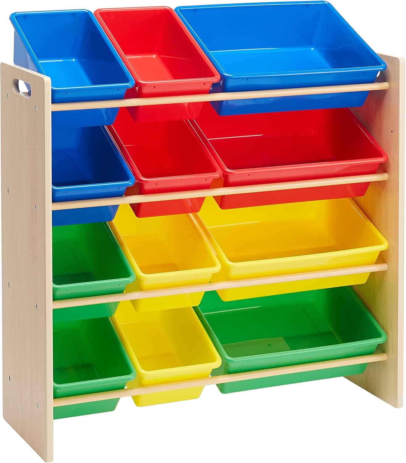 Amazon Basics Kids Toy Storage Organizer With 12 Plastic Bins, Natural Wood With Bright Bins, 10.9″ D x 33.6″ W x 31.1″ H