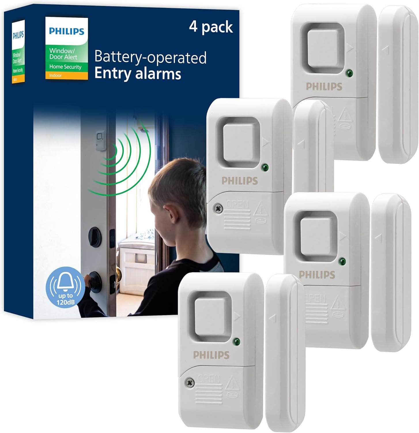 Philips Personal Security Window and Door Alarm, 4 Pack, DIY Protection, Burglar Alert, Wireless, Chime/Alarm, Easy Installation, Ideal for Home, Garage, Apartment, RV and More, LRM3320W/27