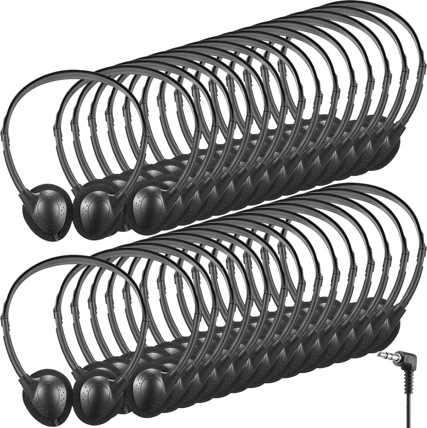 Konohan 30 Pack Headphones Bulk Headphone for School Classroom Student Wired Headphones Adjustable with 3.5 mm Jack for Adults (Black)