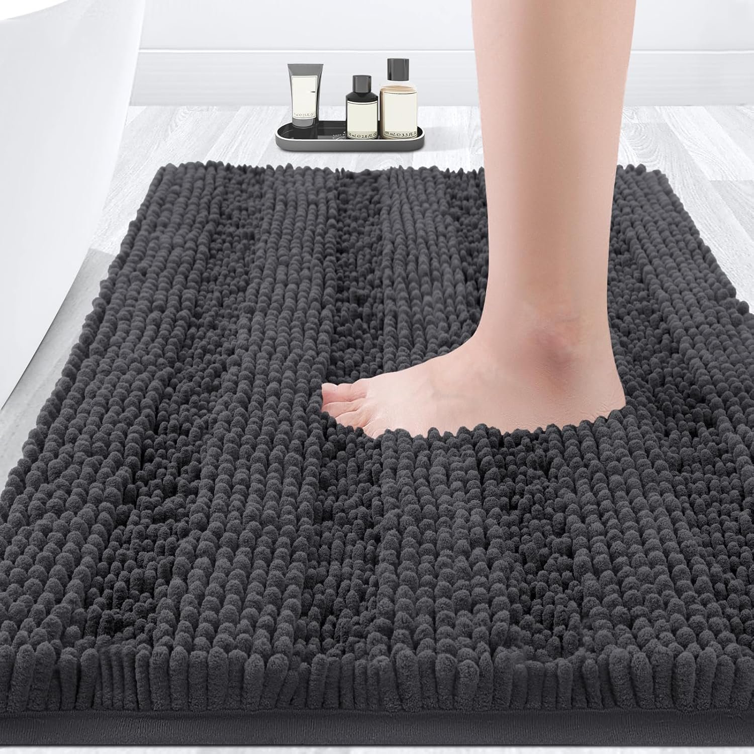 ACCUMTEK Striped Grey Bathroom Rug Mat 32″x20″ Ultra Soft, Non Slip Chenille Bath Rugs, Absorbent Plush Shaggy Bath Mats for Bathroom, Bedroom, Kitchen, Shower, Tub,Deep Grey