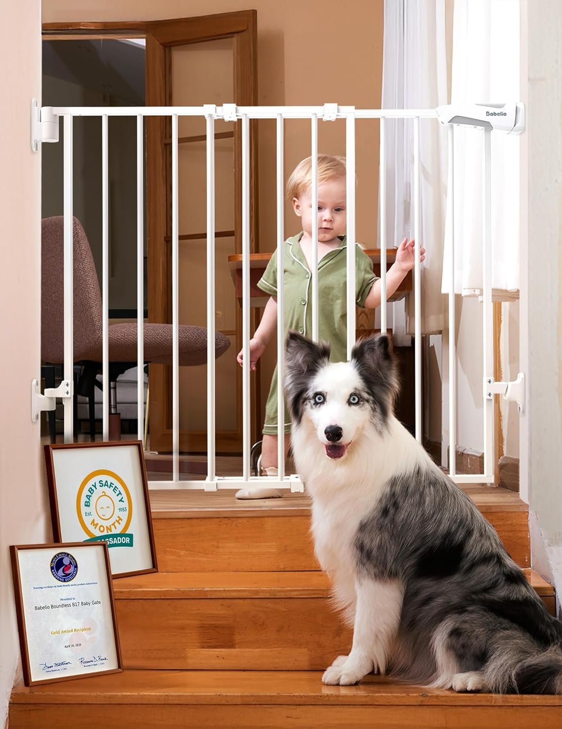 Babelio Baby Gate for Stairs, Kitchen & Doorways, 26-43″ W 28″ H No Bottom Bar| Easy Installation| One-Handed Operation| Auto-Close| Hardware Mount (Drill Needed) Safety Dog/Pet Gate Indoor (White)