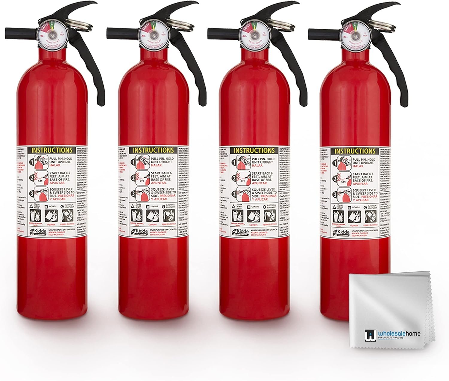 Kidde FA110 Multipurpose Fire Extinguishers 4 Pack – Red, (Rating 1-A:10-B:C) Includes Wholesalehome Cleaning Cloth