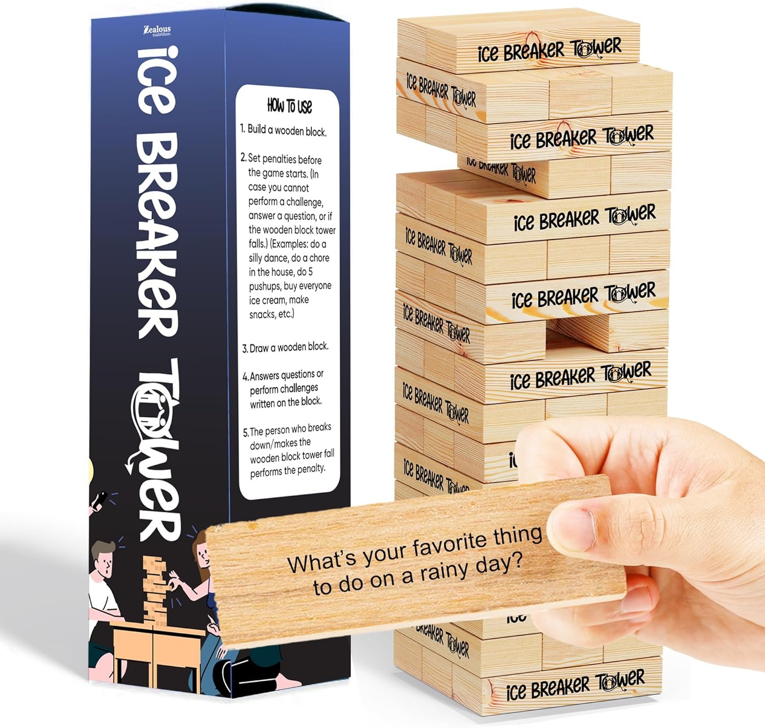 Ice Breaker Tower Questions Tumbling Tower Game – For Everyone – 54 Fun Conversation Starters – Great Family Games For Kids And Adults – Coworkers, Friends, Date Night & Relationship Game Night Fun