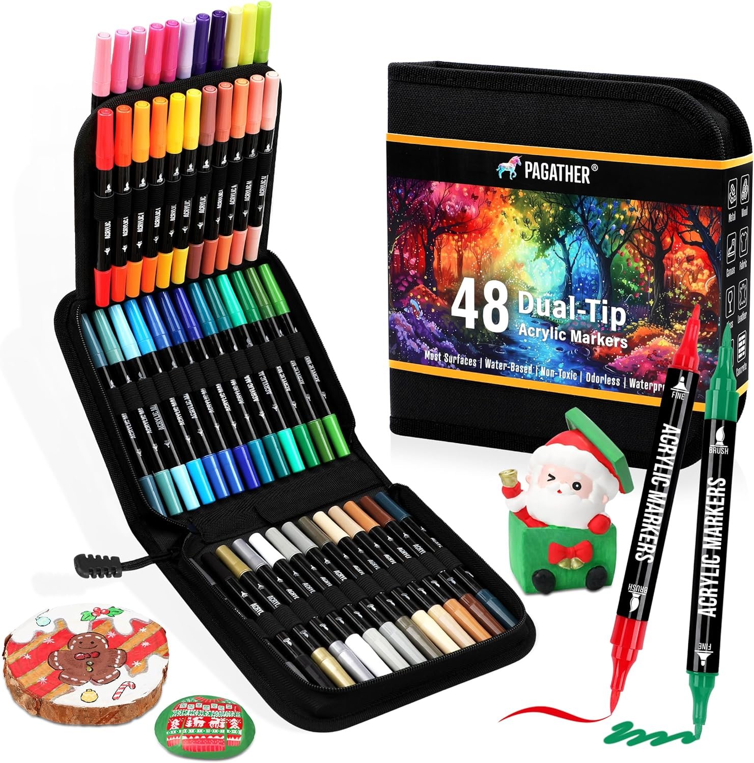 48 Colors Acrylic Paint Markers, Dual Tip with Fine Tip and Brush Tip Pens for Stone, Wood, Calligraphy, Canvas, Ceramic, Metal, Glass, Rock Painting, DIY Crafts Art Supplies Kit