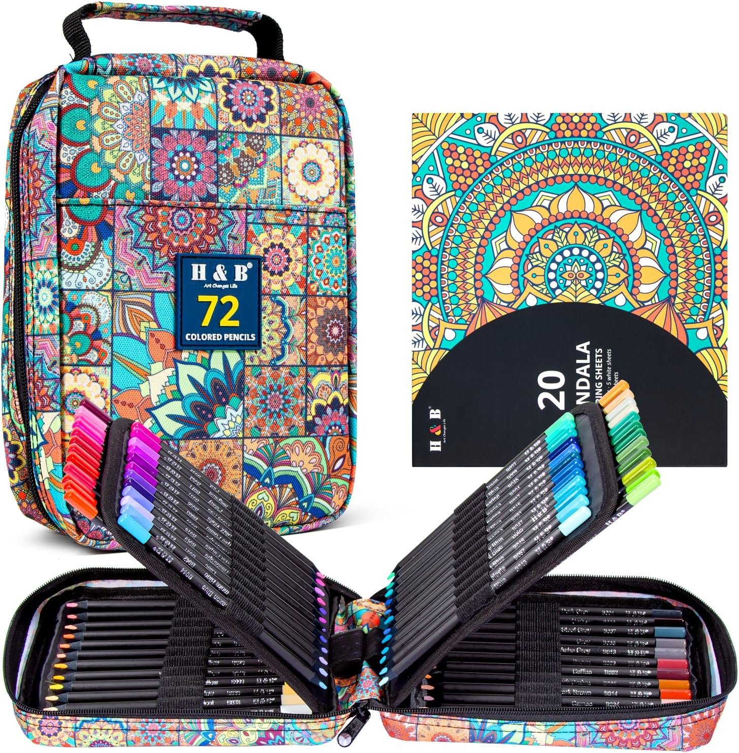 H & B Colored Pencils Set with Mandala Coloring Book, Eraser, and Sharpener – Perfect for Drawing and Coloring – Soft Oil-Based Cores Ideal (72)