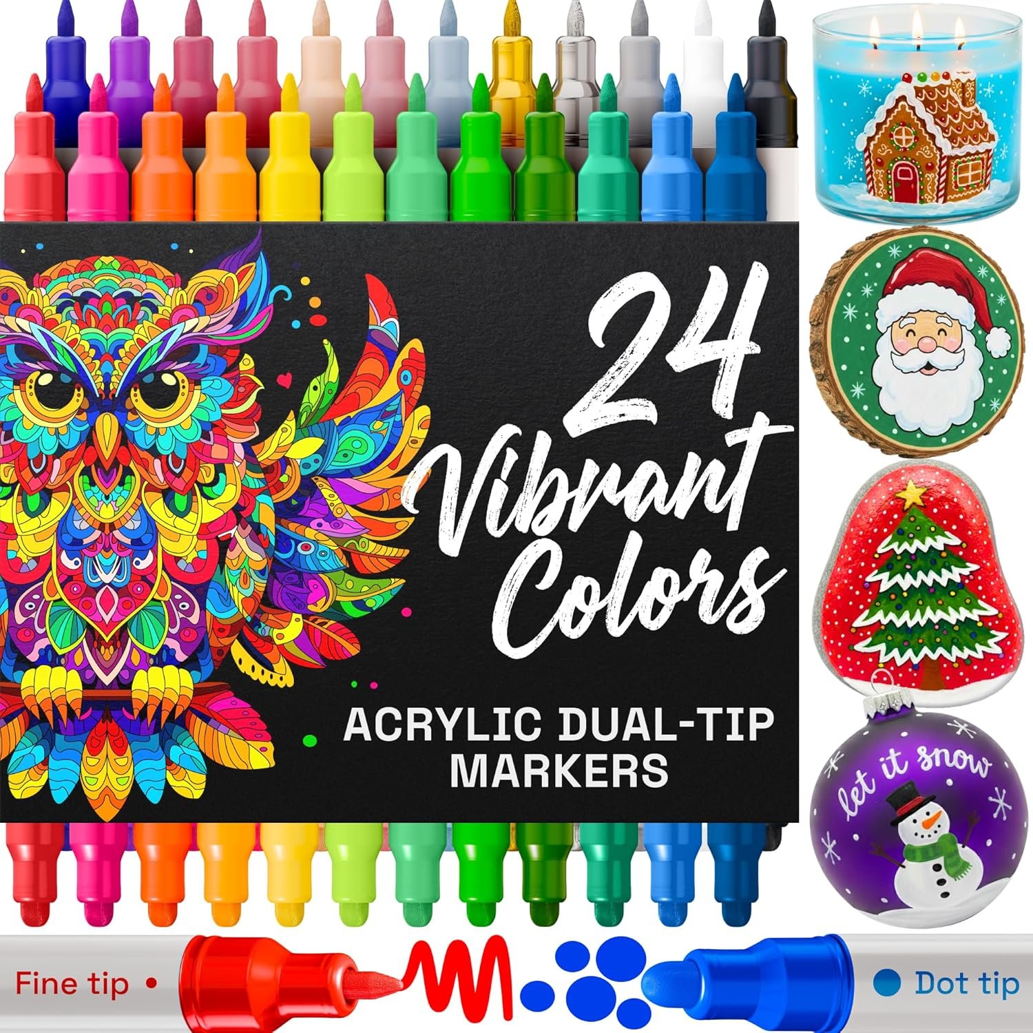 ARTISTRO 24 Acrylic Paint Markers for Rock, Fabric, Wood, Glass, Craft, Decoration – Dual-Tip Paint Pens – Stocking Stuffers, Christmas Gift Idea for Teens, Grandkids, Kids – Art Supplies