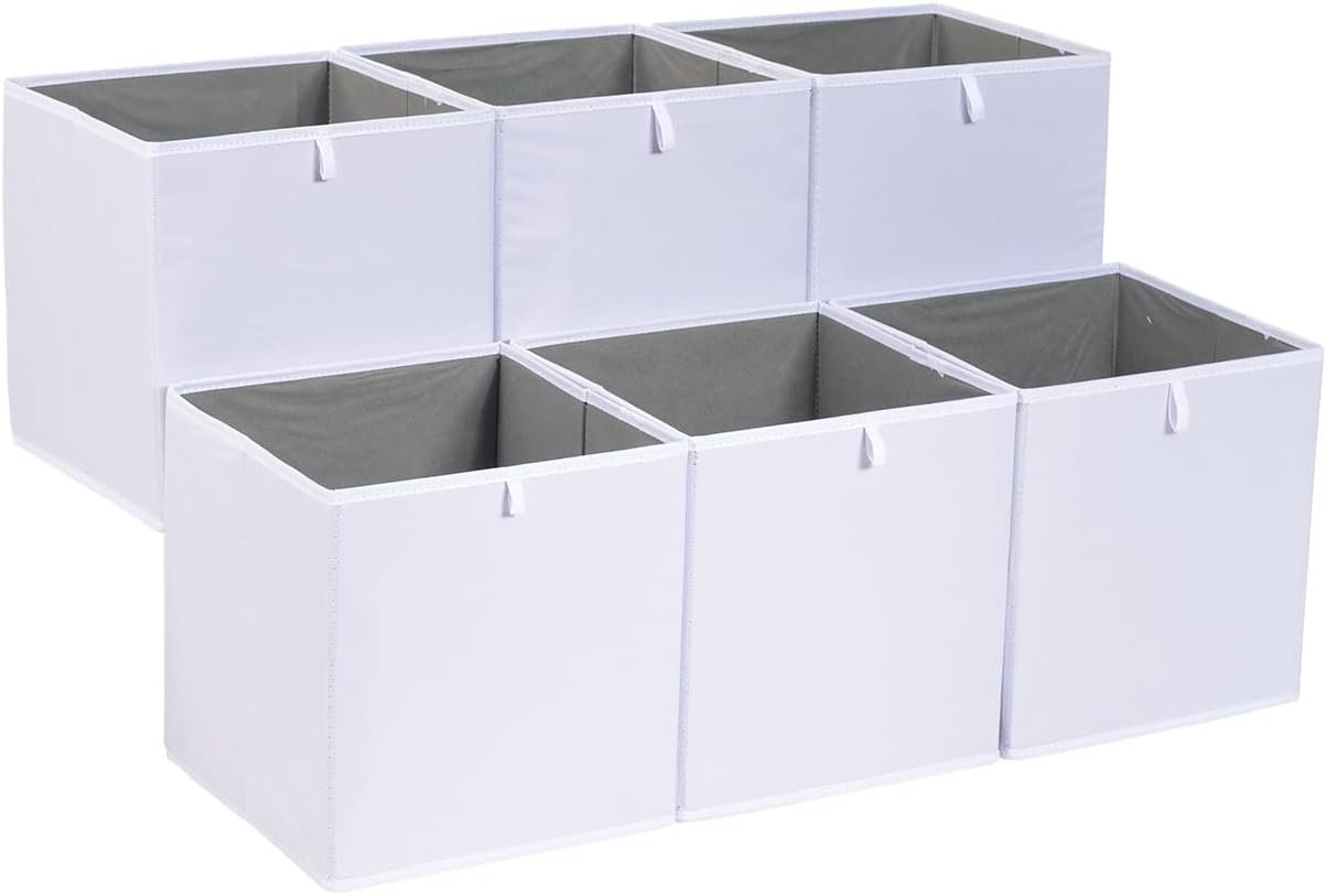 Amazon Basics Cube Organizer Bins, Collapsible Storage Baskets for Shelves, White, Pack of 6, 10.5×10.5×11″