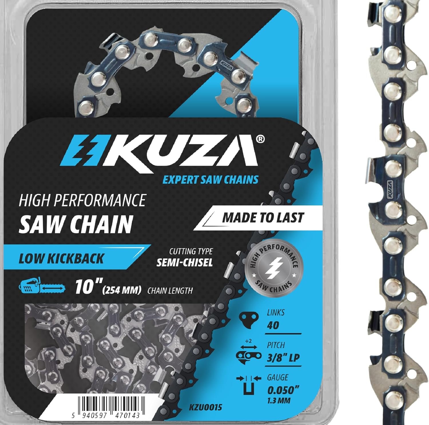 10 Inch Chainsaw Chain 3/8″ LP Pitch, 050″ Gauge, 40 Drive Links, German Steel, fits MAKITA, ECHO, Remington RM1035P, Worx WG309, Sun Joe SWJ803E, Craftsman – and more